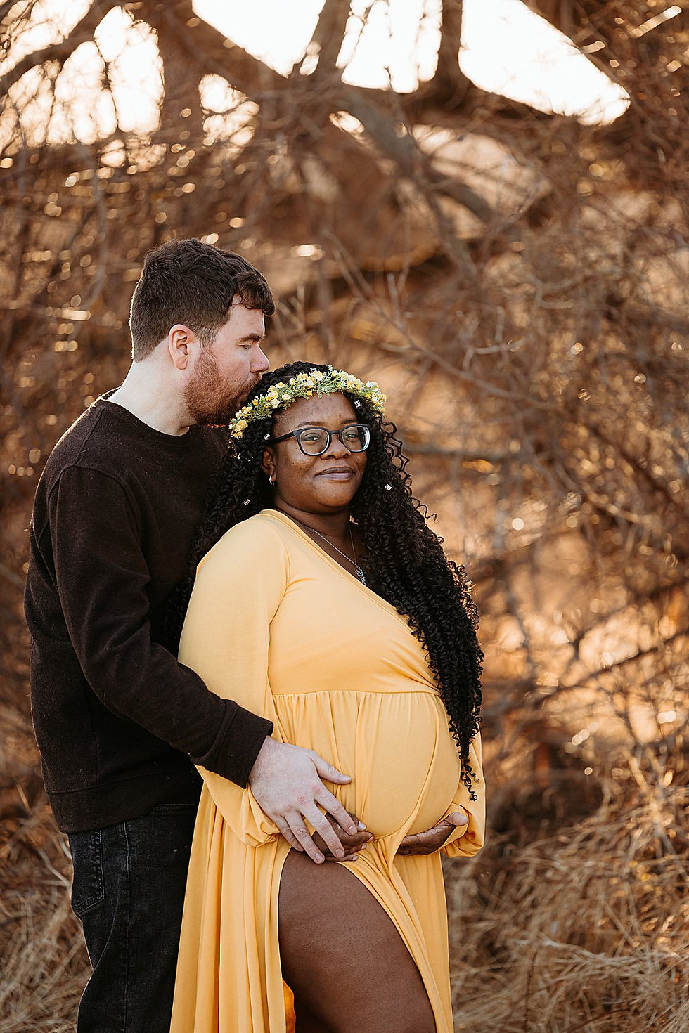 Doylestown maternity photographer woman in yellow dress in nature with partner couples photos