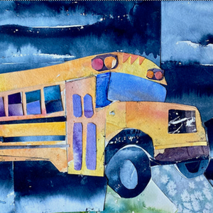 Original watercolor collage of yellow school bus