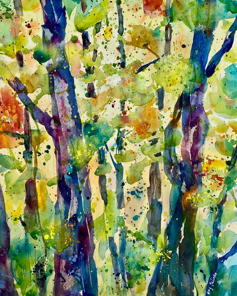 Original watercolor painting of abstract trees