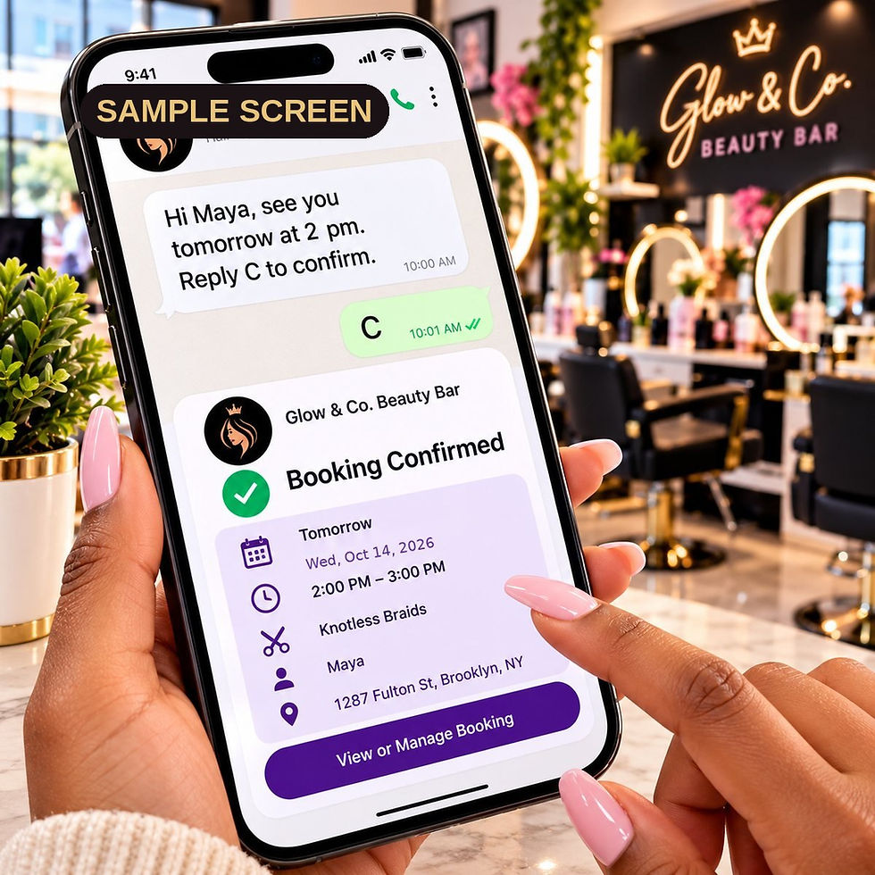Sample screen: online booking confirmation on a phone for a beauty salon