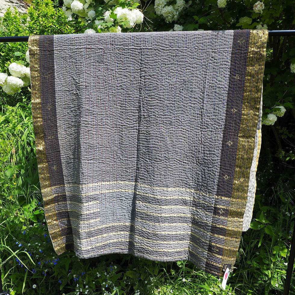 Miniature : Plaid Kantha gris, pièce unique brodée main, 95x200cm