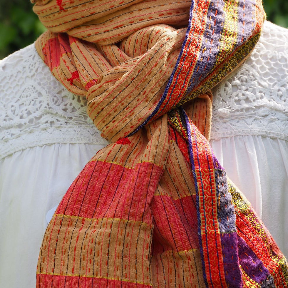 Miniature : Écharpe Kantha Alyha – orangé/bleu  - coton recyclé brodé main