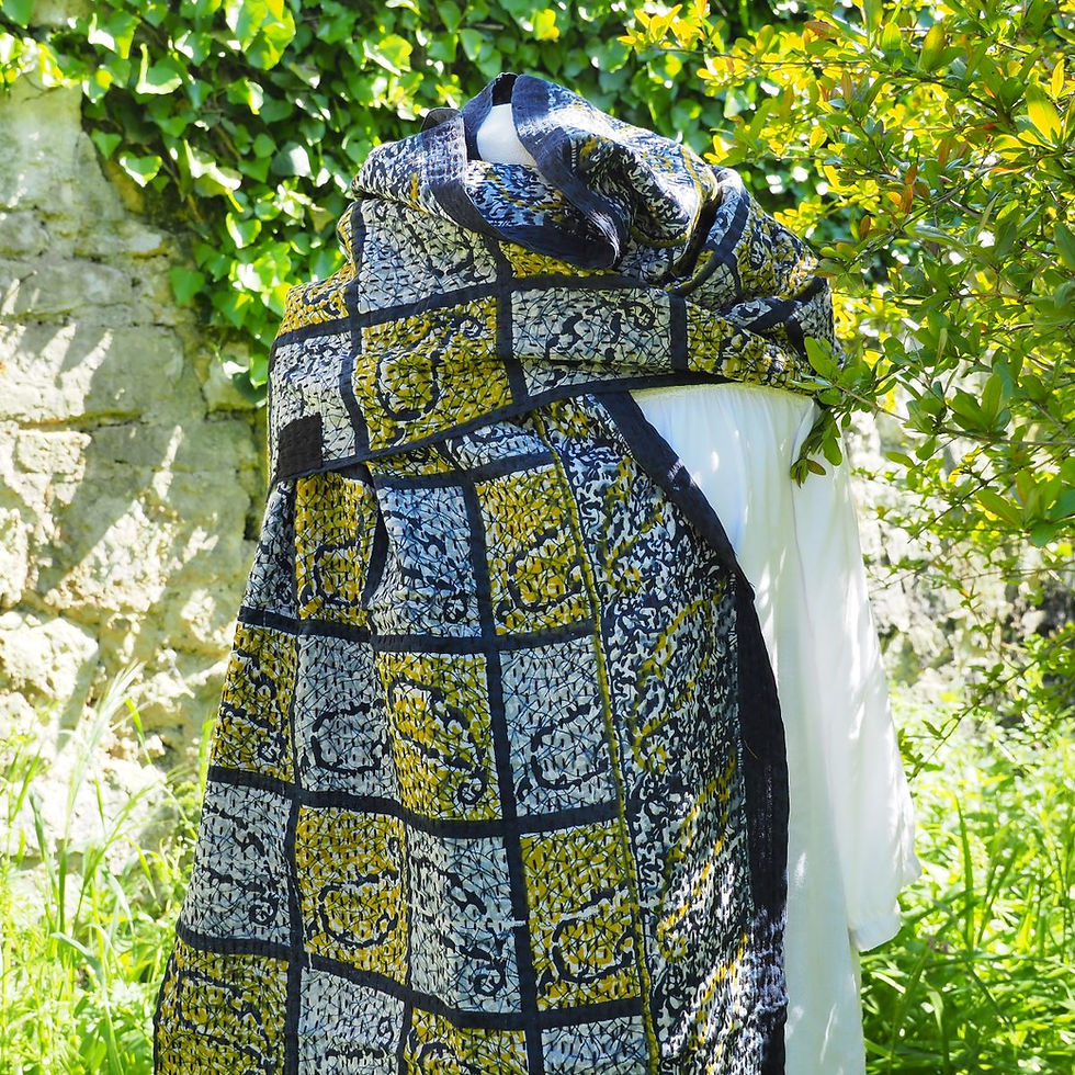 Miniature : Echarpe Kantha Alyha – bleu mineral/jaune moutarde - coton recyclé brodé