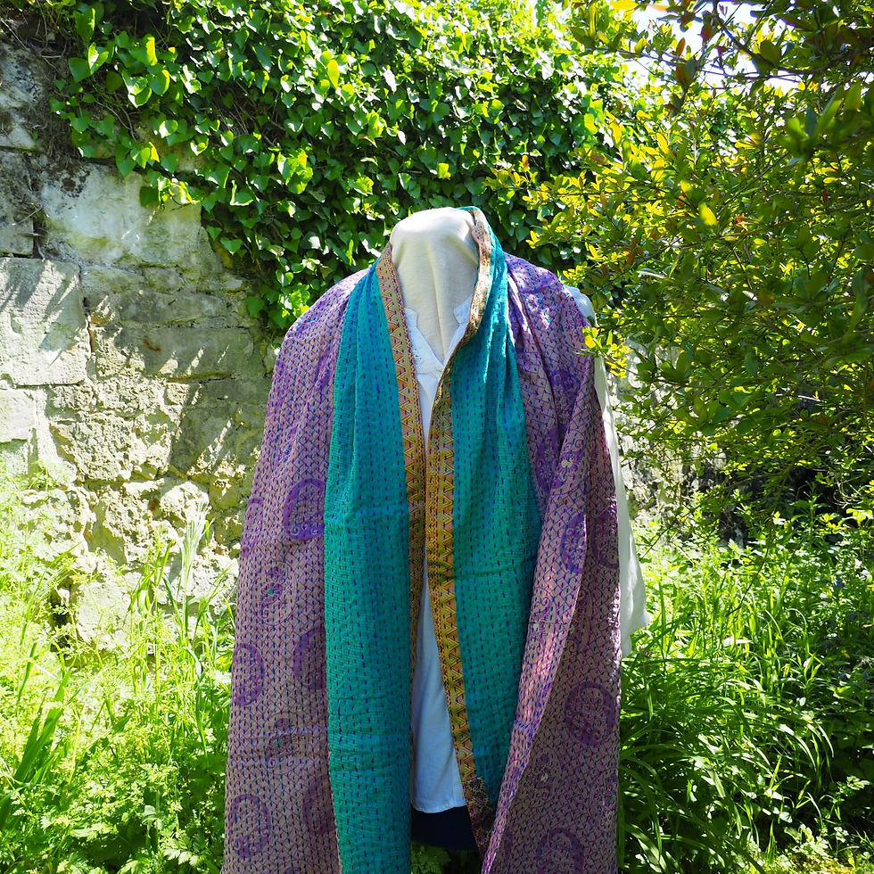 Miniature : Echarpe Kantha Alyha – glycine/turquoise - coton recyclé brodé