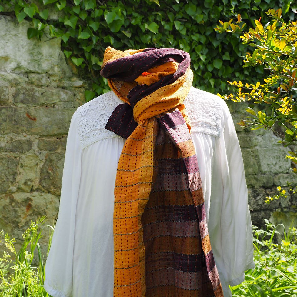 Miniature : Echarpe Kantha Alyha – marron/safran - coton recyclé brodé