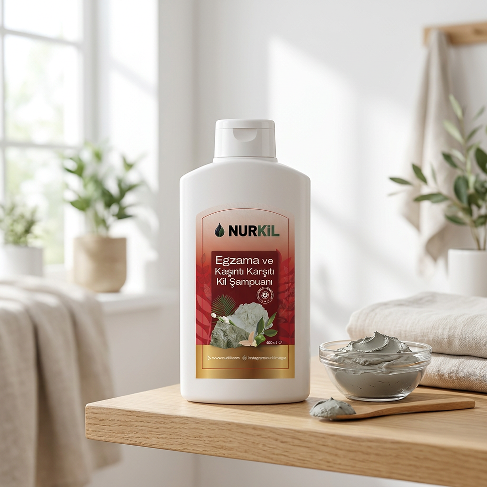 Aydınlık banyo tezgahında bitkiler ve havlu eşliğinde Nurkil kepek karşıtı mineral şampuanı.