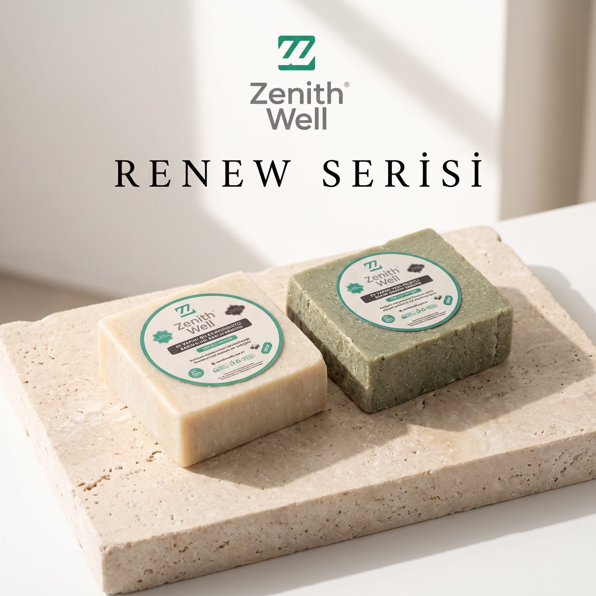 Zenith Well RENEW Serisi el yapımı doğal aydınlatıcı ve onarıcı sabun ikili avantaj seti.