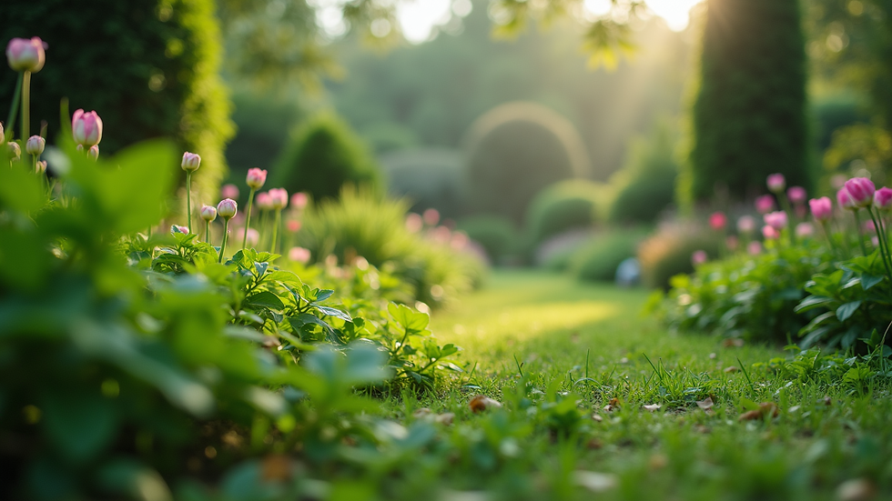 Eye-level view of a lush green garden with diverse plants