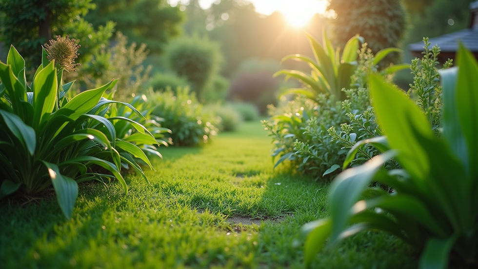 Eye-level view of a lush green garden with diverse plants
