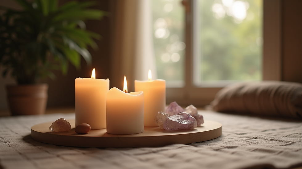 Eye-level view of a serene meditation space with candles and crystals