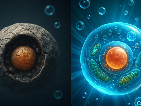 Illustration of a human cell surrounded by water molecules, representing hydration at the cellular level.
