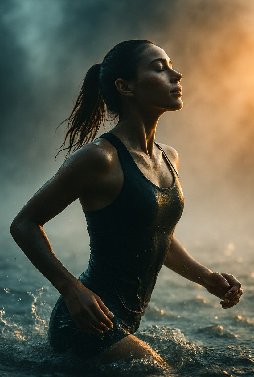A cinematic photo of a female athlete emerging from water mid-motion, surrounded by glowing mist and light, symbolizing hydration, breath, and recovery