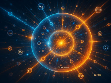 Digital illustration of a glowing human cell with labeled nutrient molecules (Mg, Zn, B12, C) dynamically entering the membrane and triggering intricate chemical reactions inside; vibrant, scientific, and futuristic.