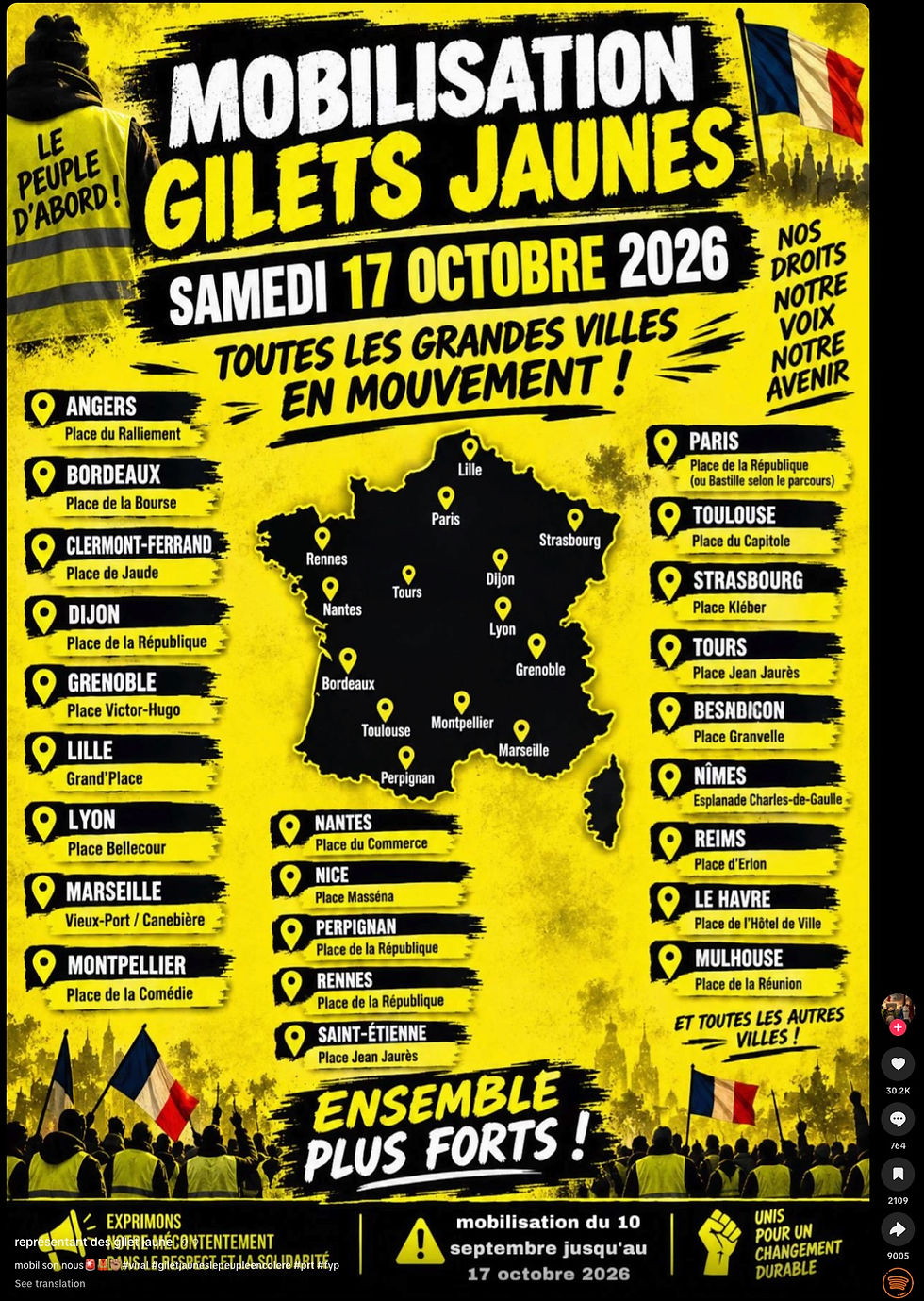 “Représentant des Gilets Jaunes” AI-generated mobilisation post — TikTok