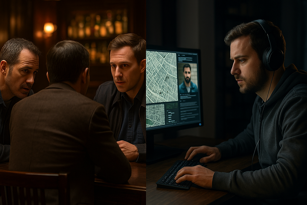 HUMINT operators talking with source in cafe and an OSINT Analyst validating the source his stories and background