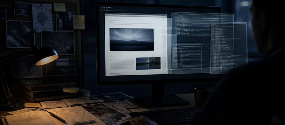 OSINT analyst inspecting a source for hidden machine-readable content.