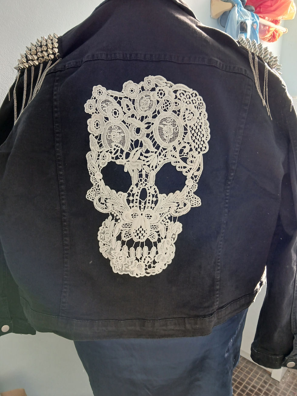 Thumbnail: Denim Jacket Black with Skeleton Design and Spiked Epaulettes