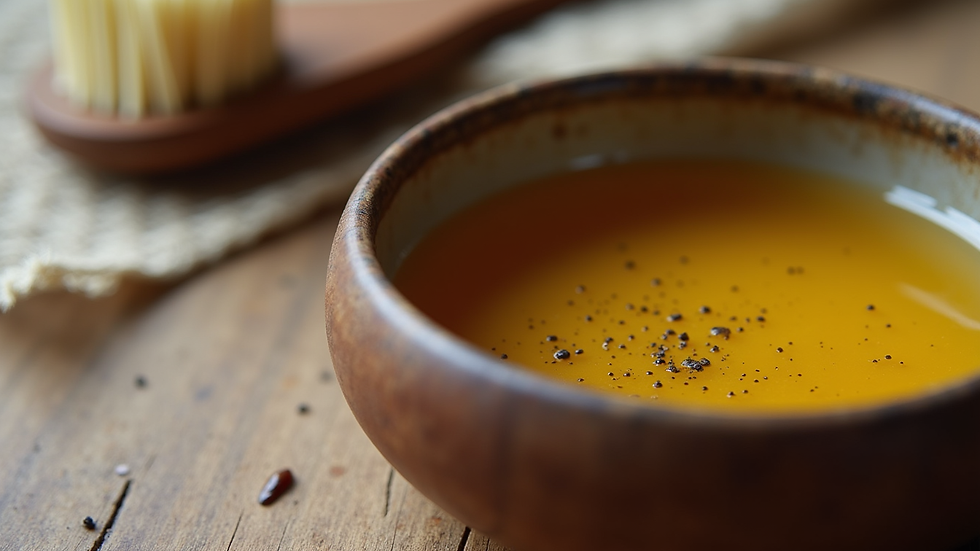 Eye-level view of a small bowl with castor oil and a brush
