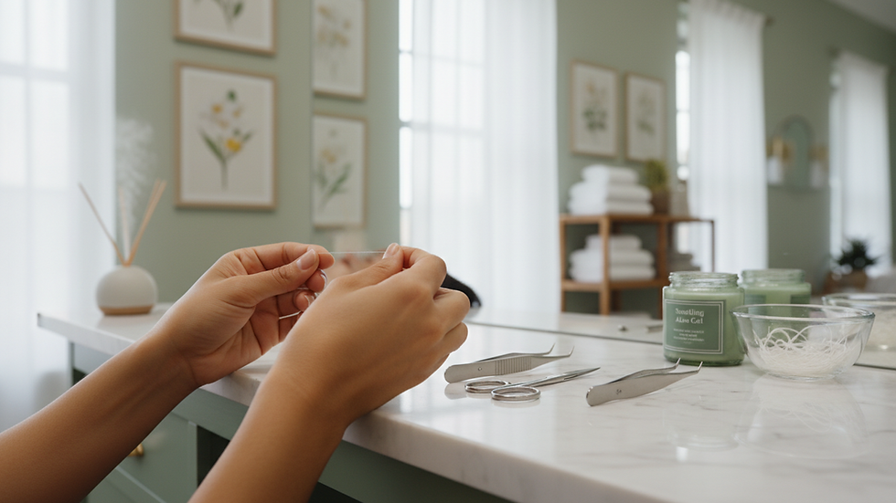 Eye-level view of a beauty salon interior with threading tools neatly arranged