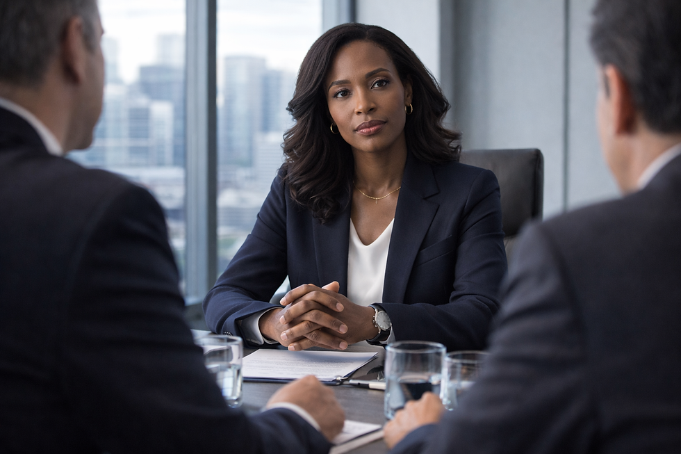 Businesswoman in navy suit attentively listens in meeting. Two men face her. Modern office backdrop, glass windows, neutral mood.