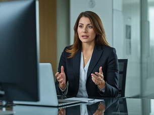 Businesswoman in a suit speaking during a video call at a modern office desk with a laptop. The setting is professional and focused.