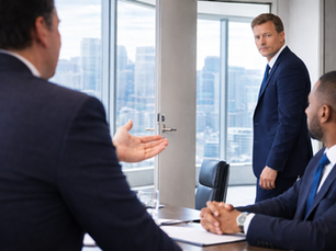 Three men in suits in a meeting room. One man stands and looks back, appearing serious. City view through large windows.