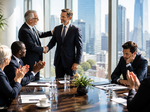 Business meeting in a glass conference room: two suited men shake hands as colleagues applaud, with city skyscrapers beyond.