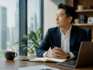 Businessman in navy suit sits at desk, gazing out window in bright office; laptop, notebook, coffee mug, and city skyline behind.