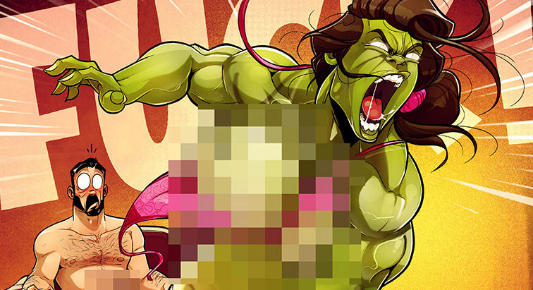 A woman removes wax and becomes the Incredible Hulk. +18 style.