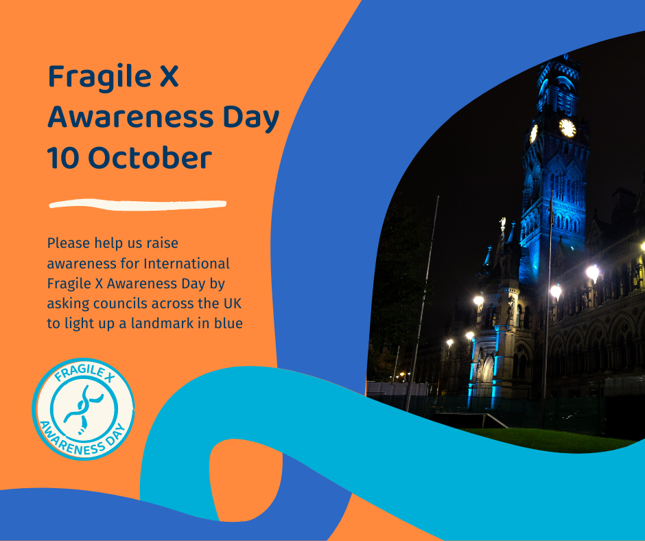 Bradford City Hall lit up in blue for last year's International Fragile X Awareness Day