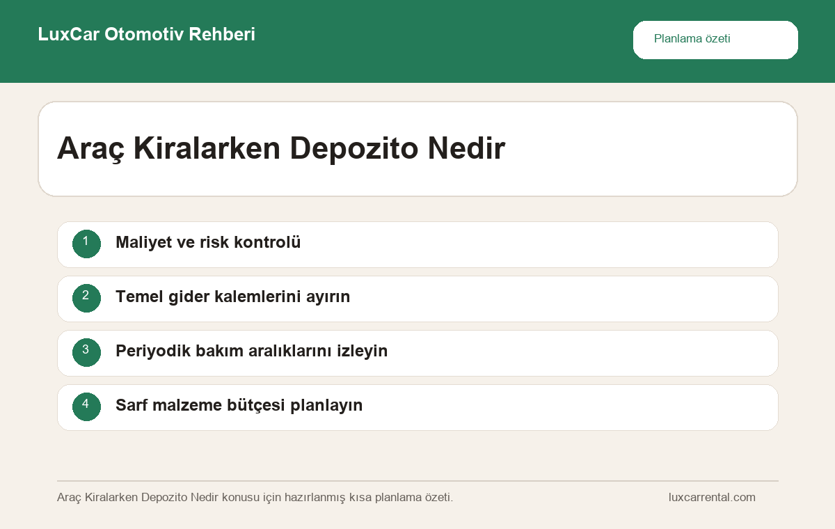 Araç Kiralarken Depozito Nedir hakkında özet bilgi veren LuxCar otomotiv infografiği