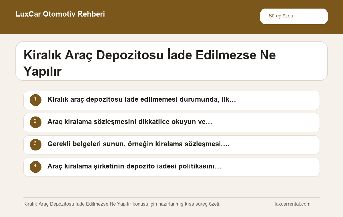 Kiralık Araç Depozitosu İade Edilmezse Ne Yapılır hakkında özet bilgi veren LuxCar otomotiv infografiği
