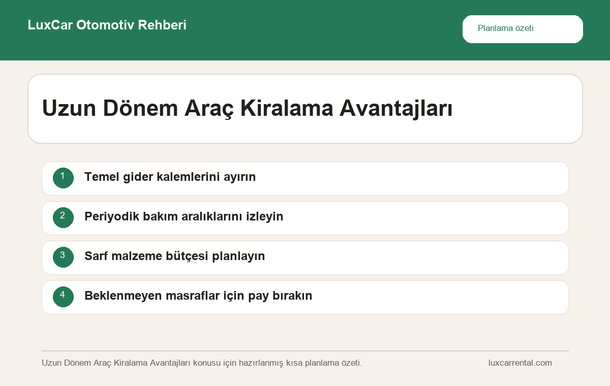 Uzun Dönem Araç Kiralama Avantajları hakkında özet bilgi veren LuxCar otomotiv infografiği