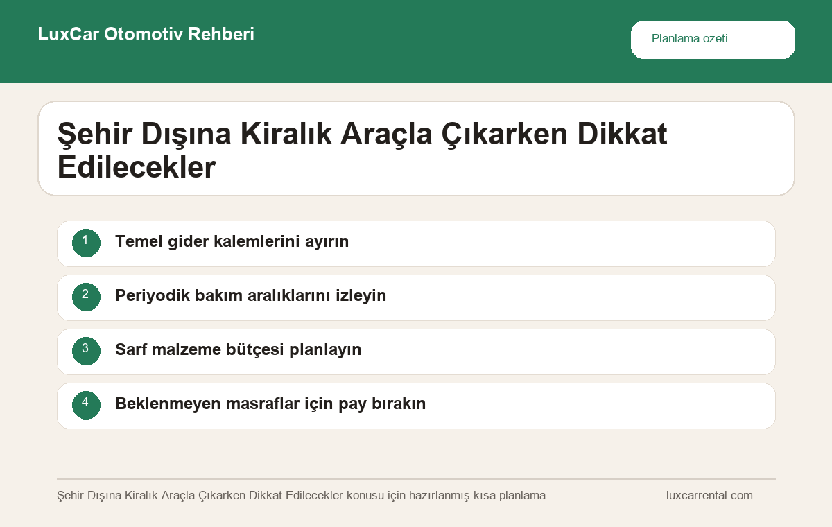 Şehir Dışına Kiralık Araçla Çıkarken Dikkat Edilecekler hakkında özet bilgi veren LuxCar otomotiv infografiği