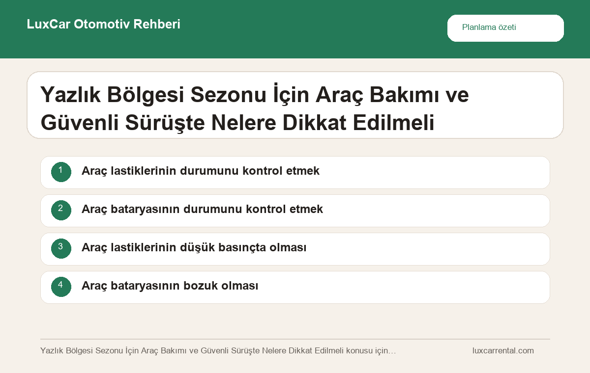Yazlık Bölgesi Sezonu İçin Araç Bakımı ve Güvenli Sürüşte Nelere Dikkat Edilmeli hakkında özet bilgi veren LuxCar otomotiv infografiği