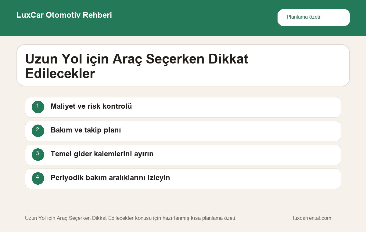 Uzun Yol için Araç Seçerken Dikkat Edilecekler hakkında özet bilgi veren LuxCar otomotiv infografiği
