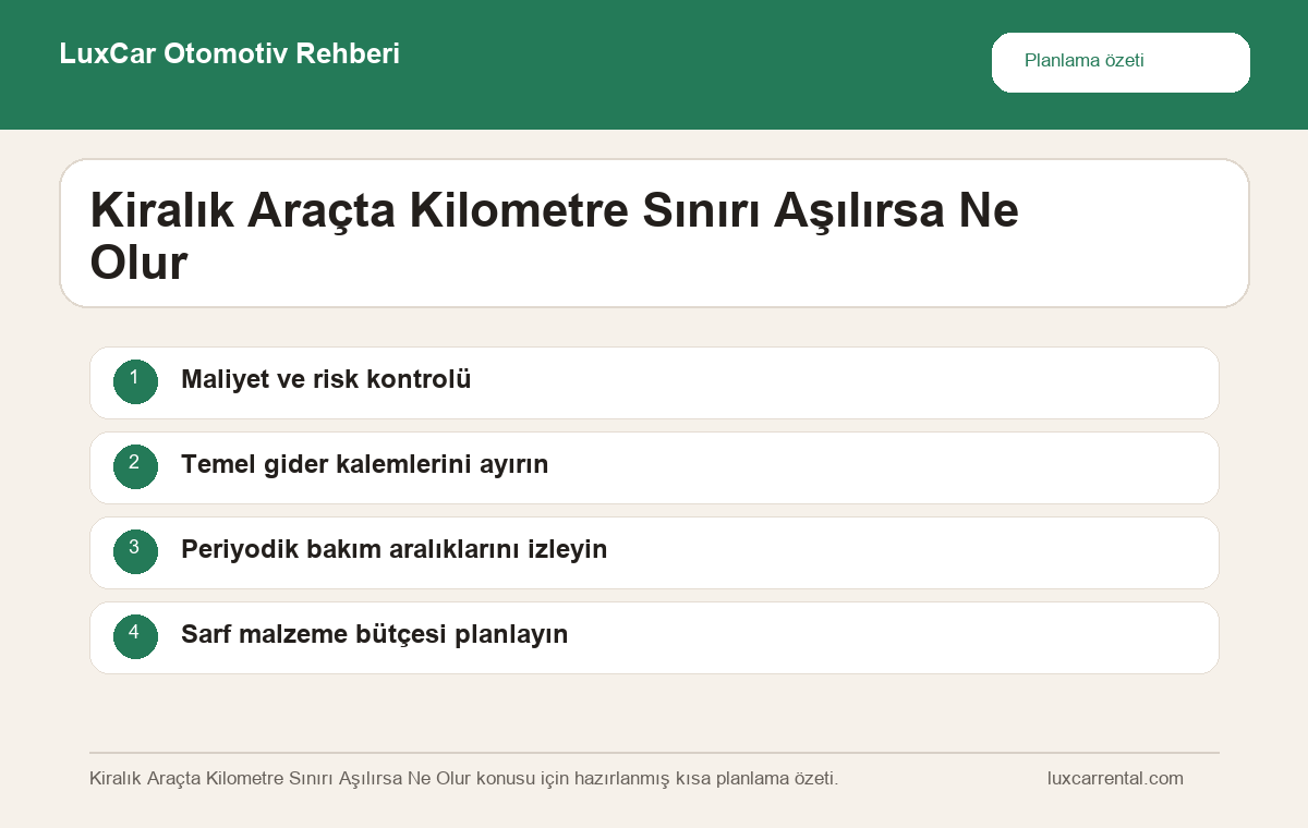 Kiralık Araçta Kilometre Sınırı Aşılırsa Ne Olur hakkında özet bilgi veren LuxCar otomotiv infografiği
