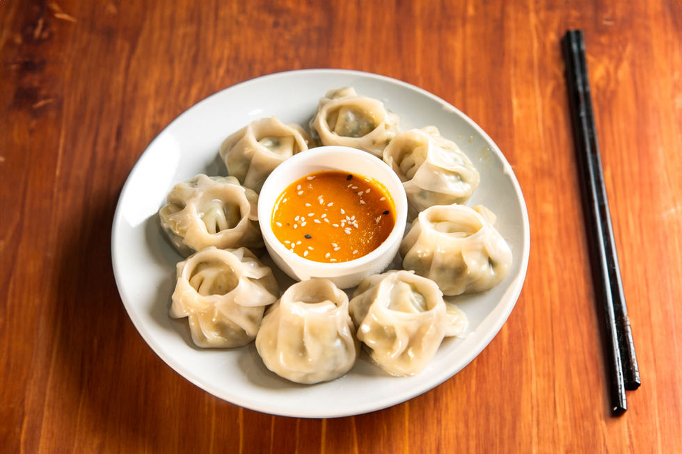 Delicious dumplings sit on a decorative plate.