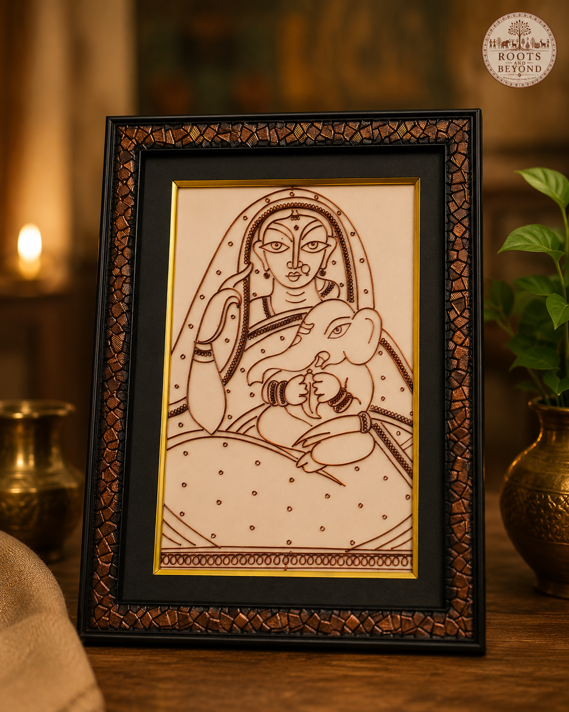 Divine Mother and Baby Ganesha Handcrafted Copper Art Frame