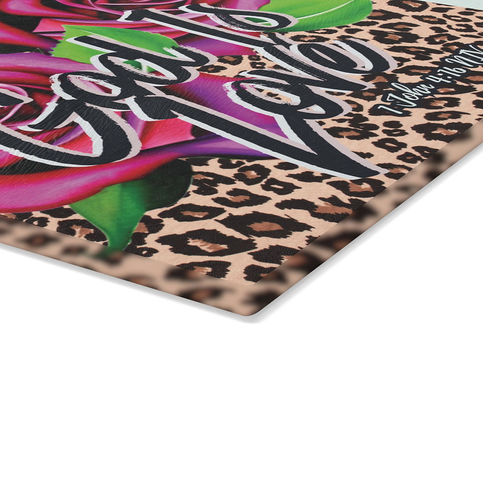 Thumbnail: "God Is Love" Leopard & Rose Print Glass Cutting Board