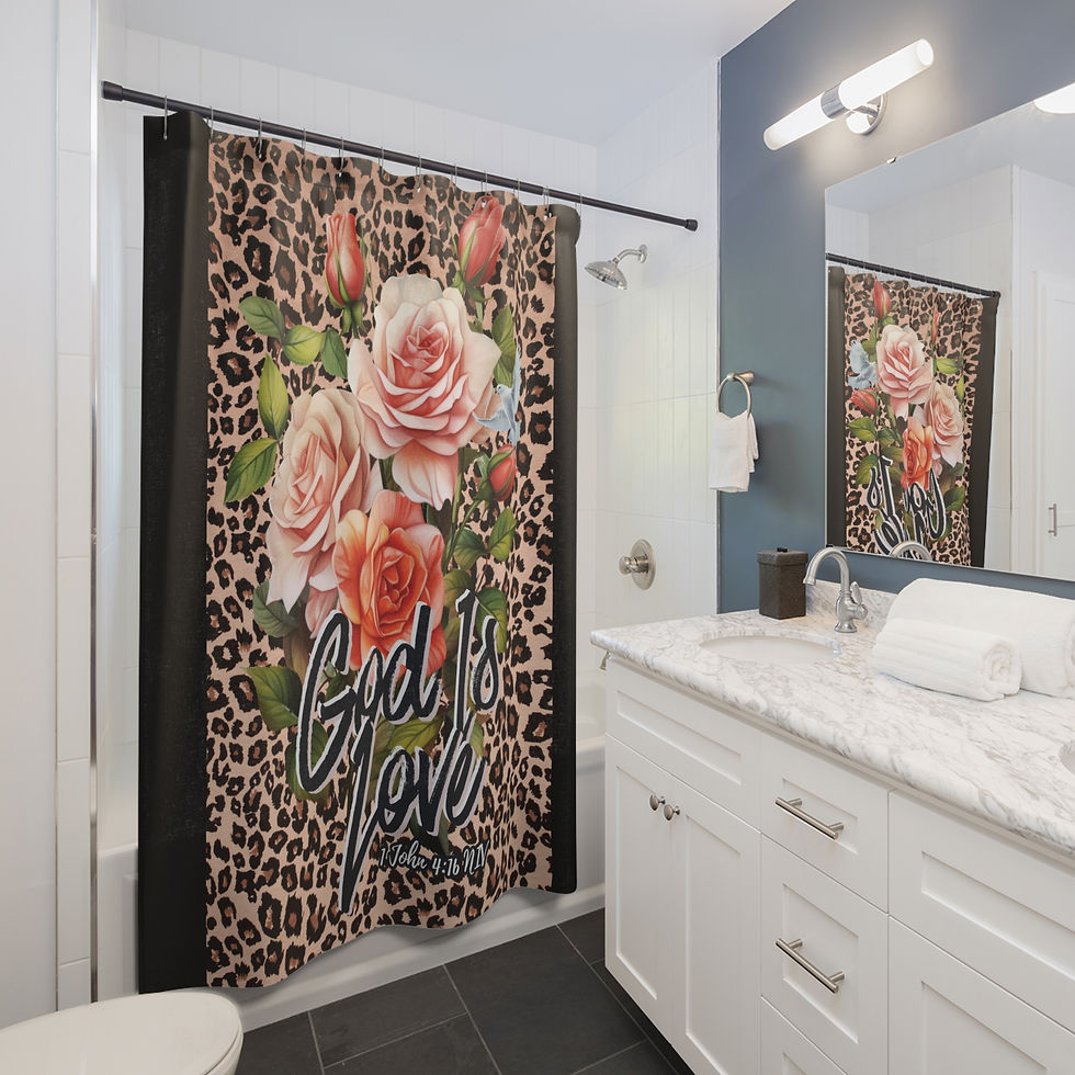 Thumbnail: "God Is Love" Leopard & Rose Print Shower Curtain