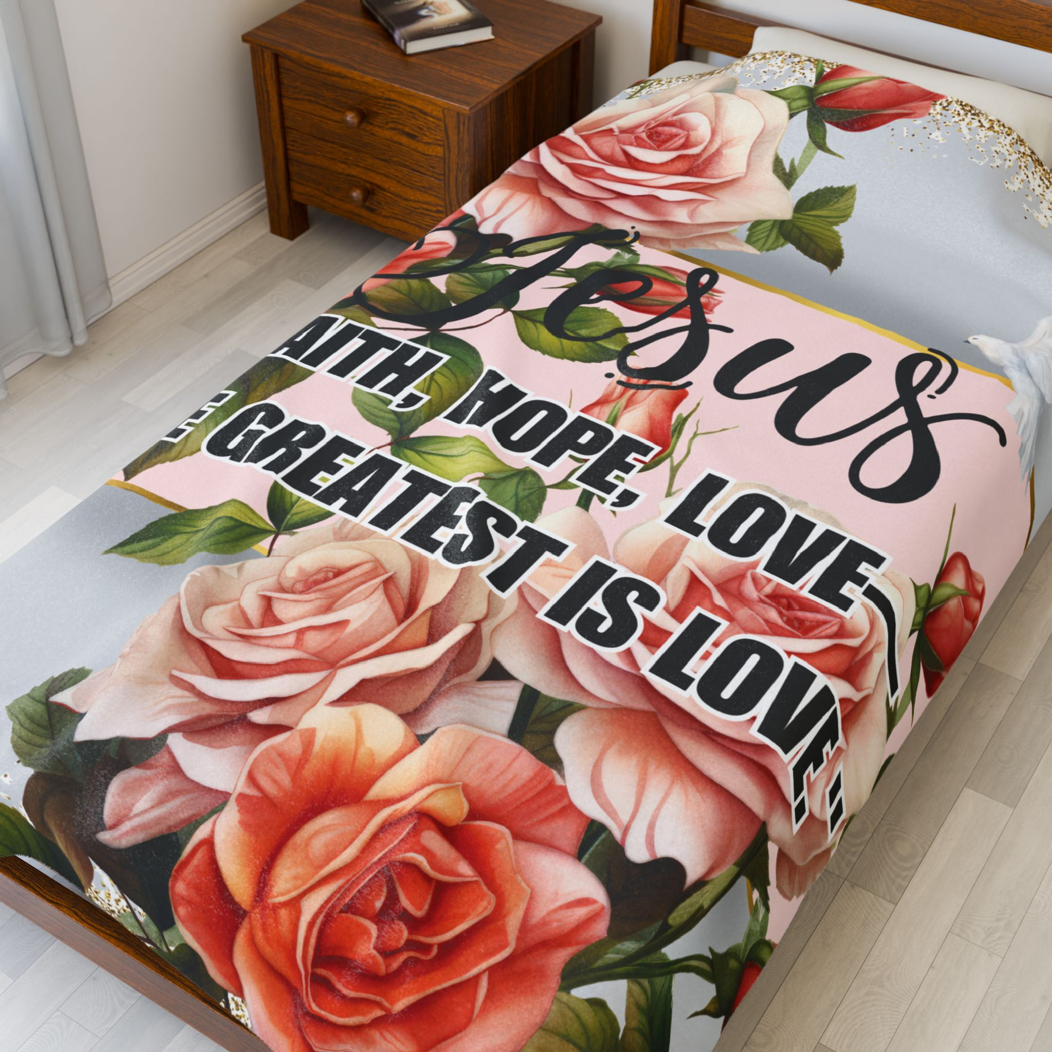 "Jesus: Faith, Hope, Love - The Greatest is Love" Velveteen Plush Blanket