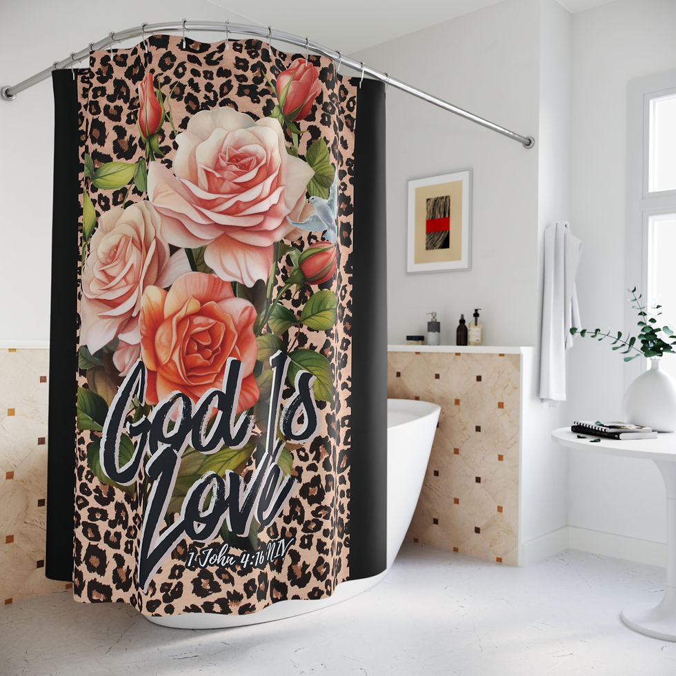 Thumbnail: "God Is Love" Leopard & Rose Print Shower Curtain