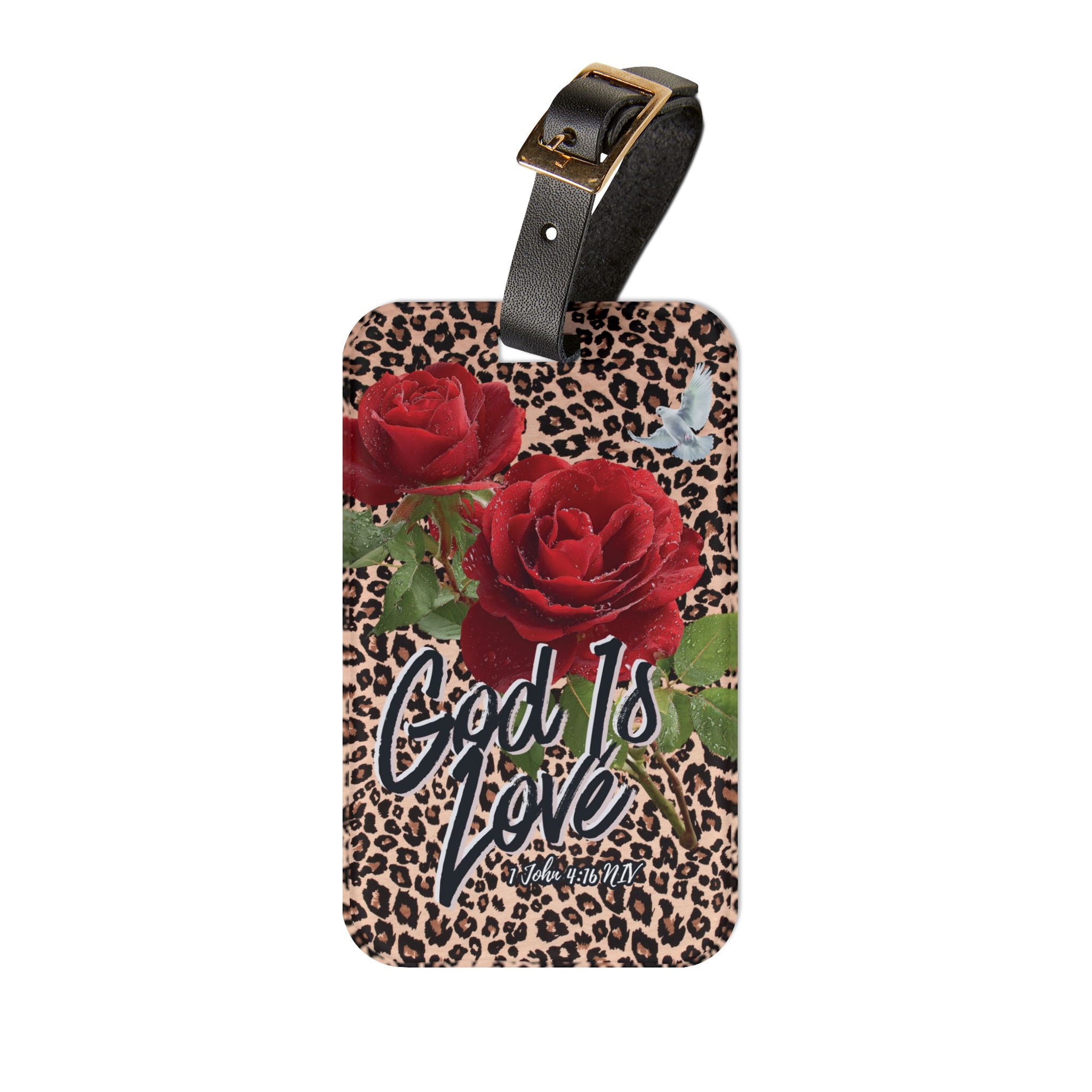 "God Is Love" Leopard & Rose Print Luggage Tag