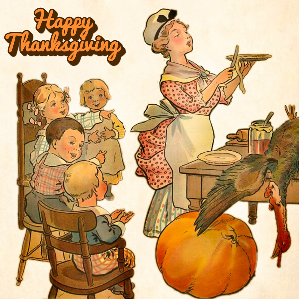 Happy Thanksgiving illustrated family at the table