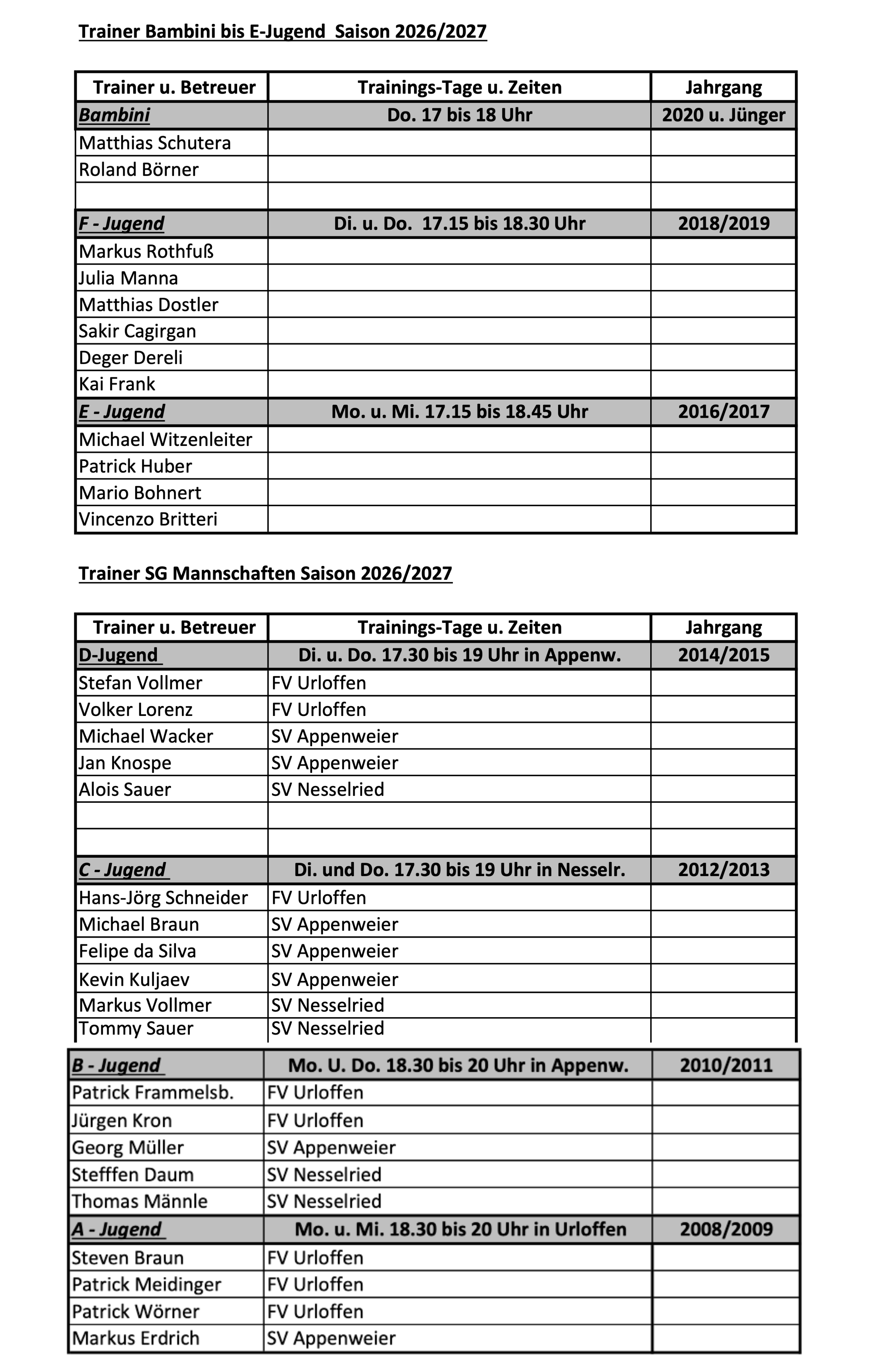 Trainingszeiten Jugend