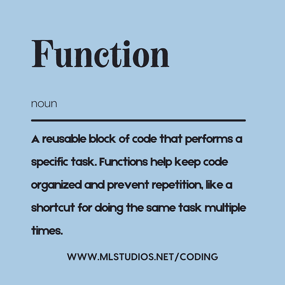 Definition of "Function" on a light blue background. Describes it as a code block for tasks, preventing repetition. URL at bottom: www.mlstudios.net/coding.