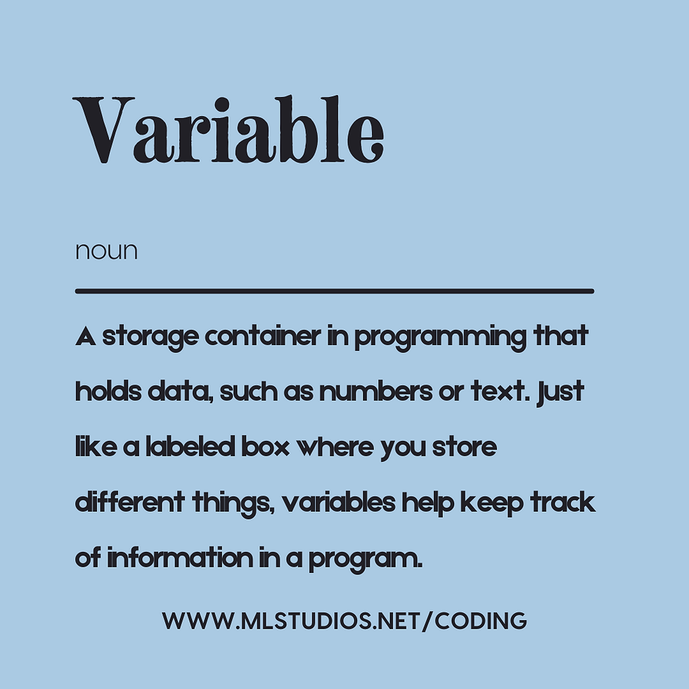 "Variable" definition on a blue background, describing it as a storage container in programming for data. URL shown below.