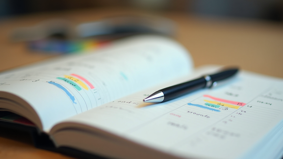 Close-up view of a planner with colorful notes and a pen on a wooden table