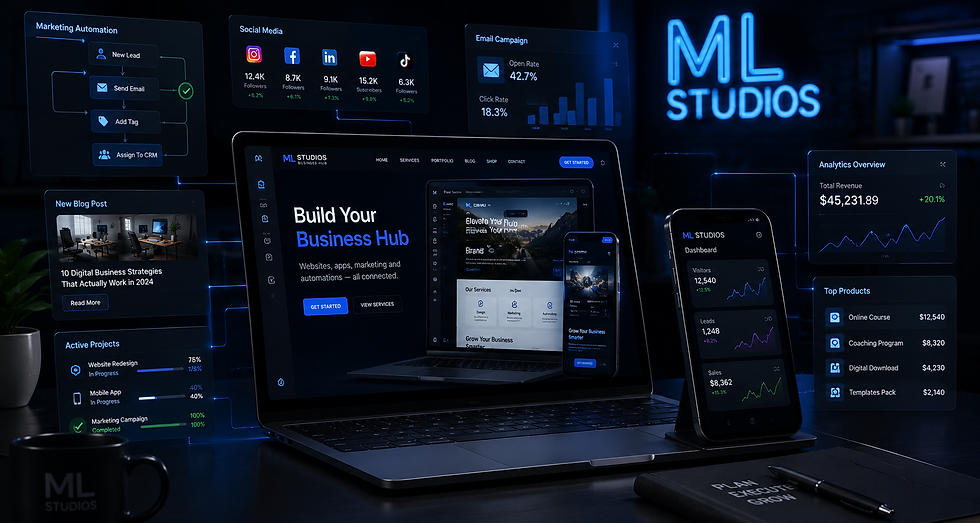 Neon-blue ML Studios marketing dashboard on laptop and phone, with analytics panels, charts, and social media stats.